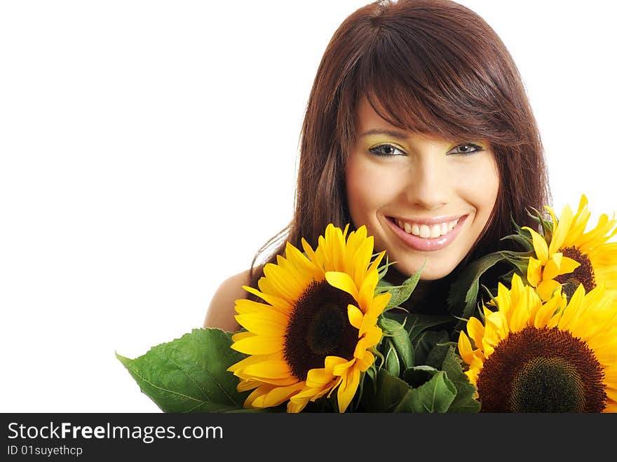 Portrait of a Beautiful girl with sunflowers