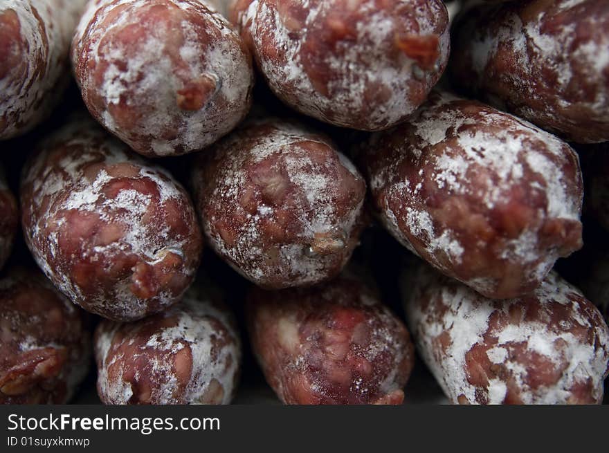 Close-up on saucissons seen a a French market. Close-up on saucissons seen a a French market