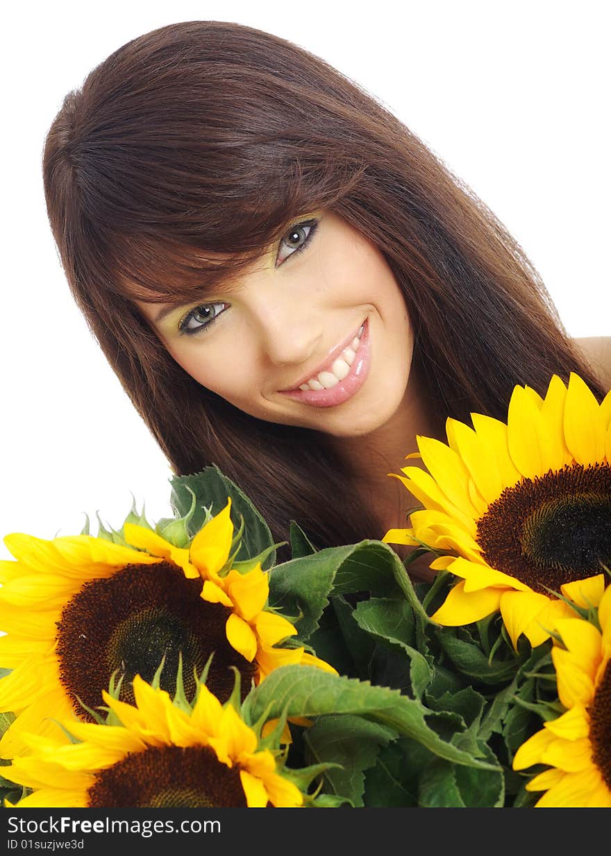 Portrait of a Beautiful girl with sunflowers