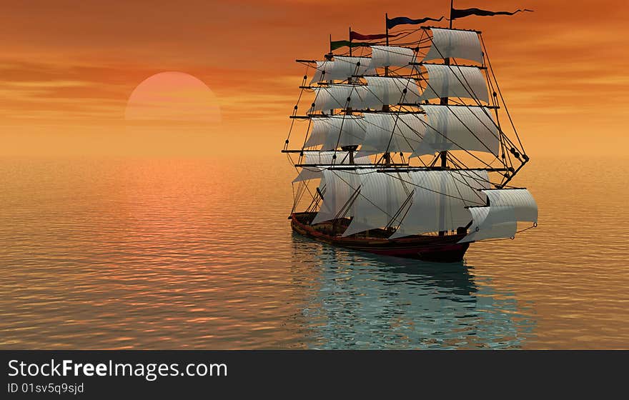 Sailboat in the sunset in the middle of the sea