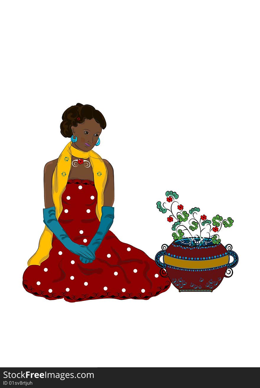 Woman in a red dress sits and dreams of a number of flowers. Woman in a red dress sits and dreams of a number of flowers