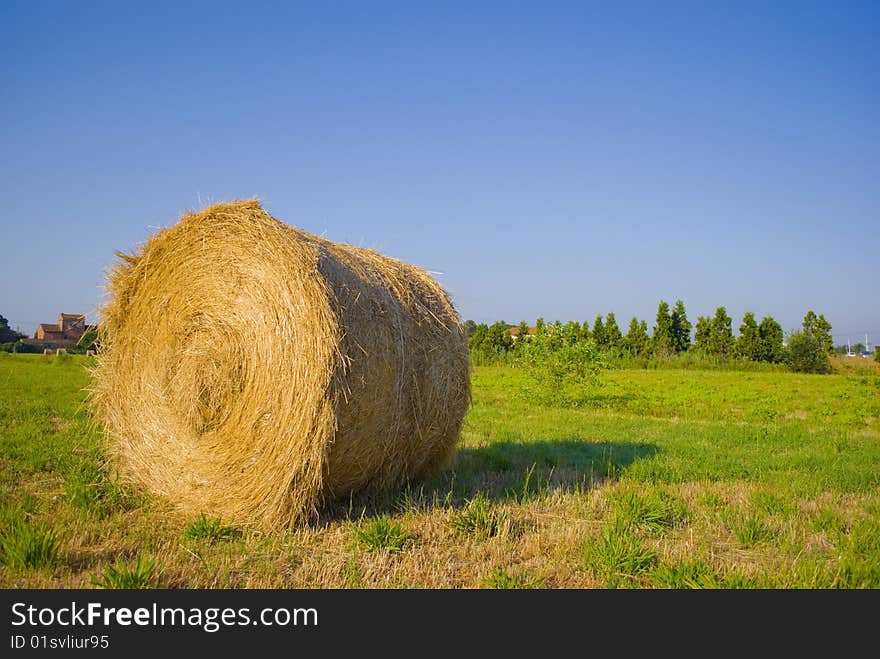 Large roll of straw, on a green lawn in the open countryside. Large roll of straw, on a green lawn in the open countryside