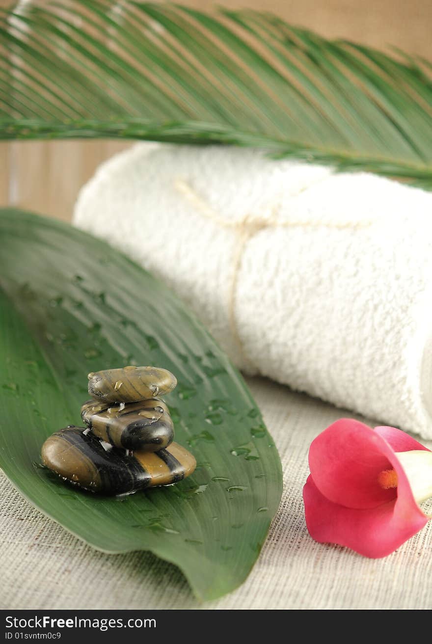 Zen stones presented on a banana leaf. Zen stones presented on a banana leaf