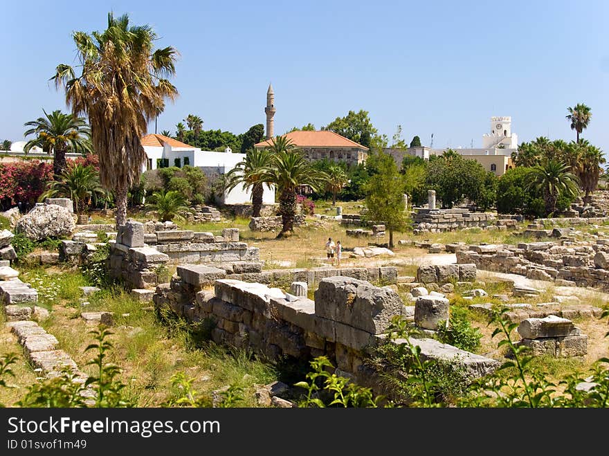 Ancient Agora a large market during the roman empire period in kos island , Greece