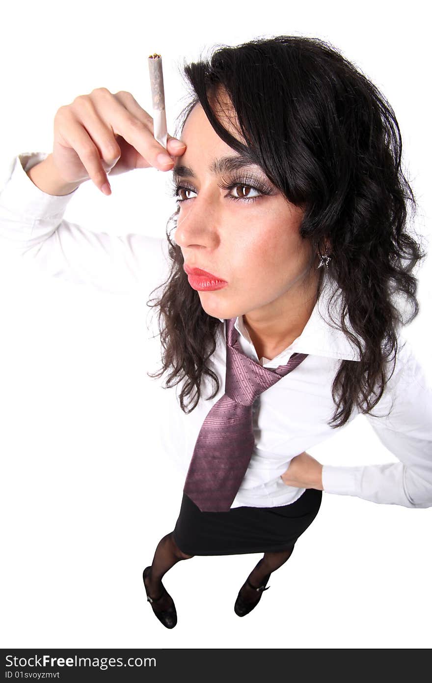 Thinking businesswoman with cigarette isolated on white