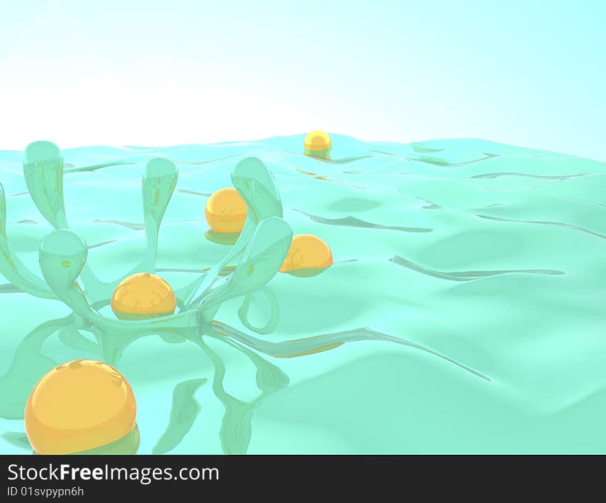 A illustration of 3d splash on water with yellow balls