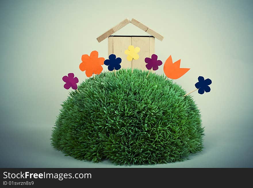 Wooden model of house on green grass