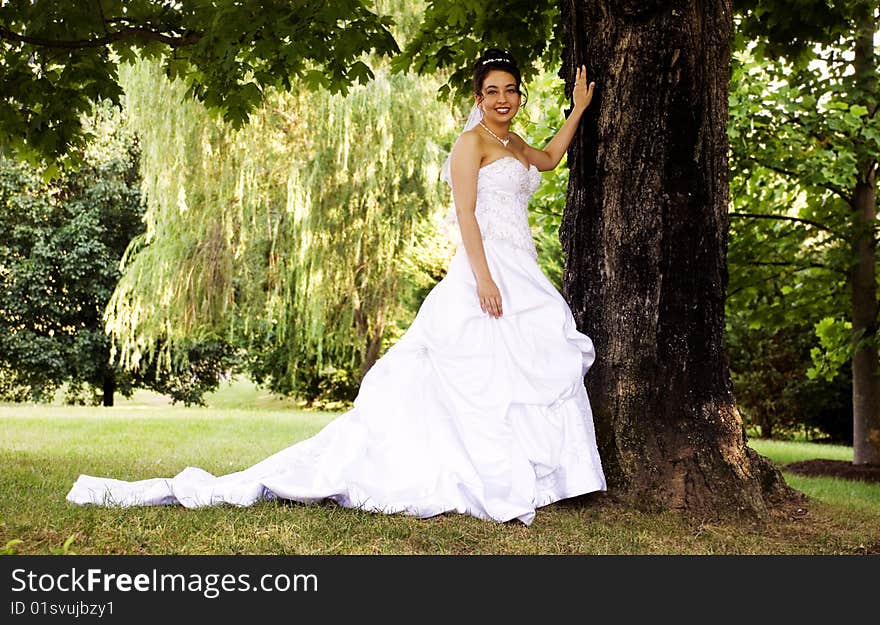 A beautiful bride, standing by large tree, horizontal with copy space. A beautiful bride, standing by large tree, horizontal with copy space