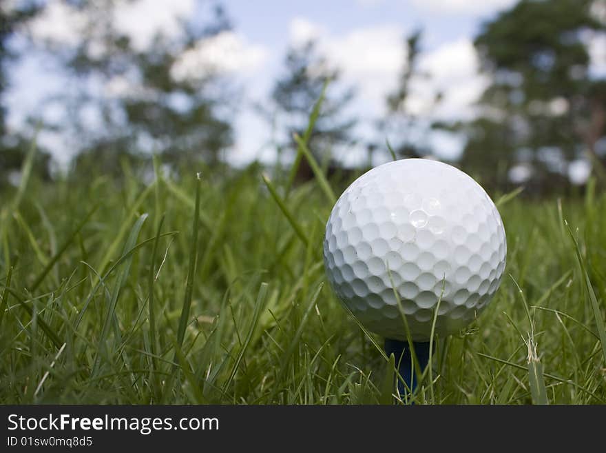 A golfball on a green lawn ready to be shot. A golfball on a green lawn ready to be shot