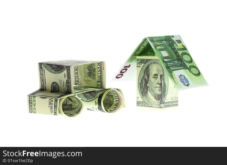 The car and the house made of Dollars and euro isolated on white background