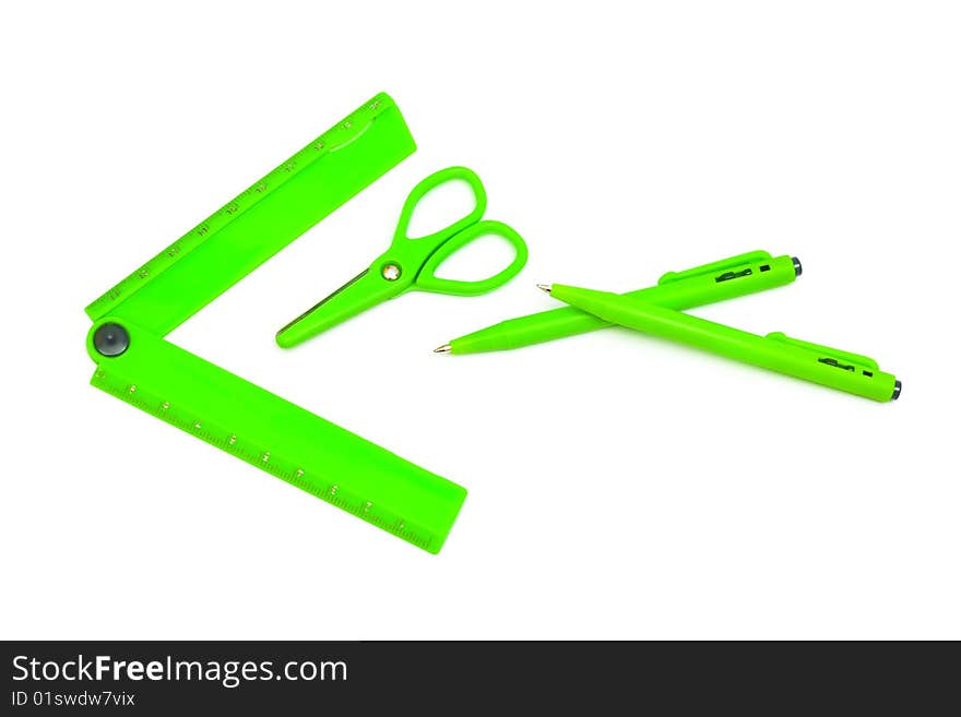 New green office supplies on white background