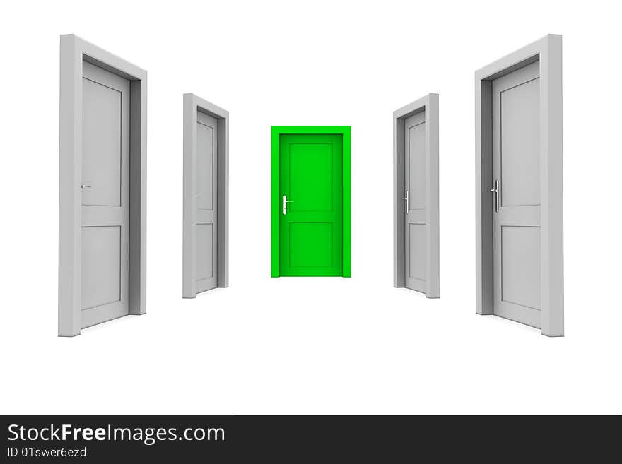 Abstract hallway with gray doors - one green door at the end of the corridor. Abstract hallway with gray doors - one green door at the end of the corridor