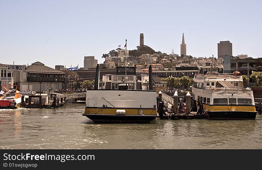 This is a view of San Francisco from the bay with a view of Pier 39, Coit Tower,and TransAmerica tower. This is a view of San Francisco from the bay with a view of Pier 39, Coit Tower,and TransAmerica tower.