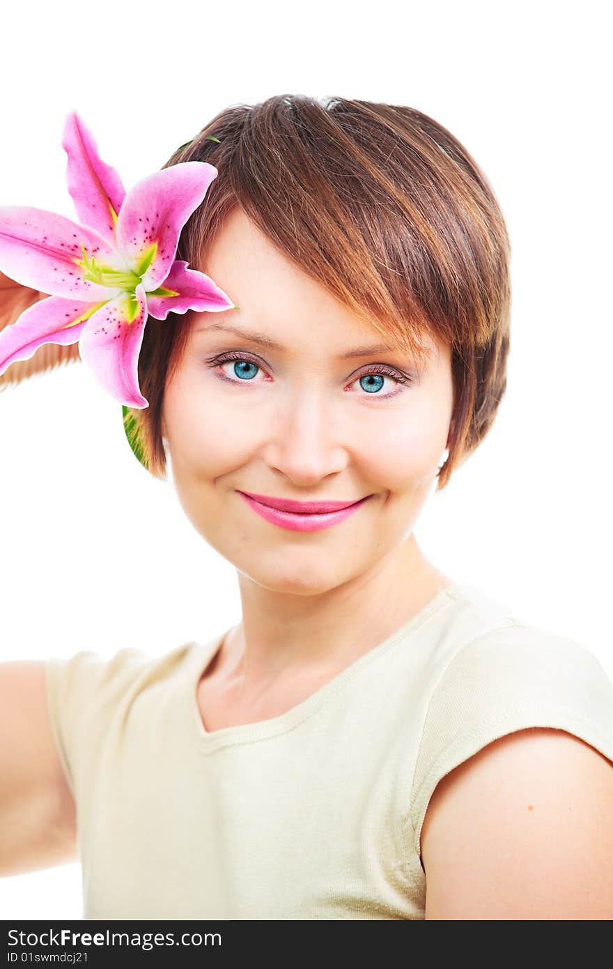 Positive woman with flower isolated over white background