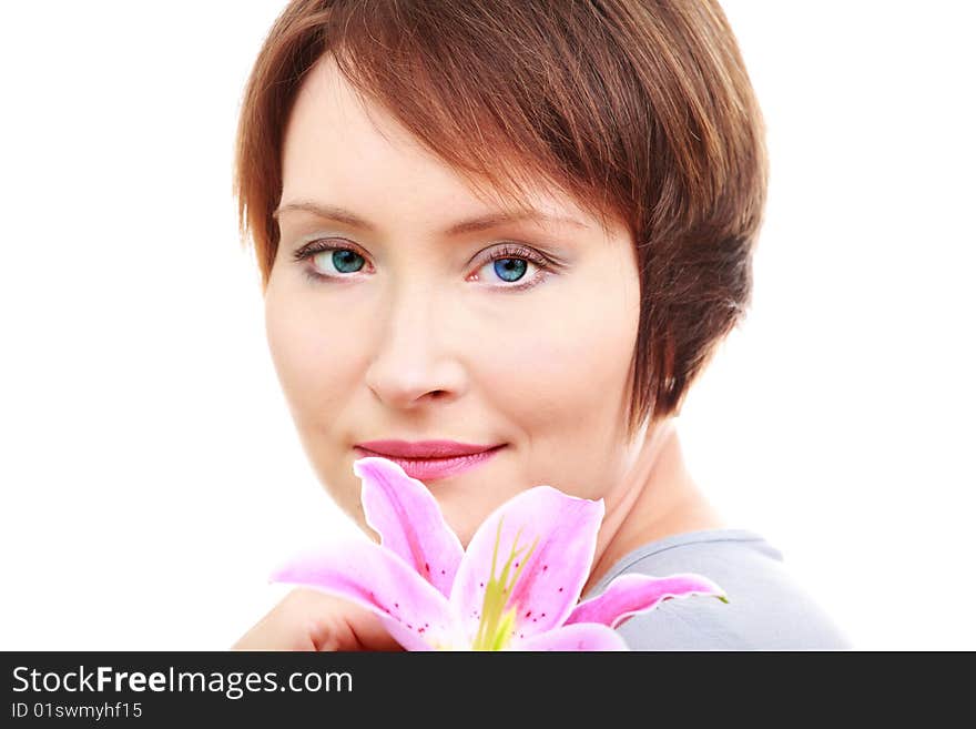 Elegant woman with flower isolated on white background