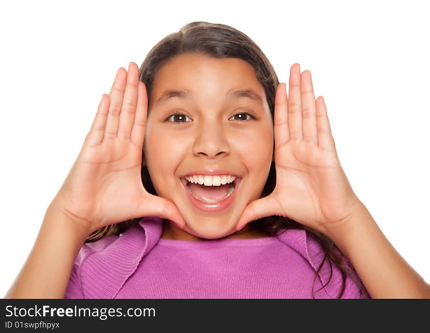 Pretty Hispanic Girl Framing Her Face with Hands Portrait Isolated on a White Background.