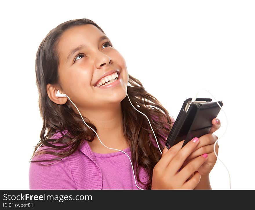 Pretty Hispanic Girl Listening and Dancing to Music Isolated on a White Background. Pretty Hispanic Girl Listening and Dancing to Music Isolated on a White Background.