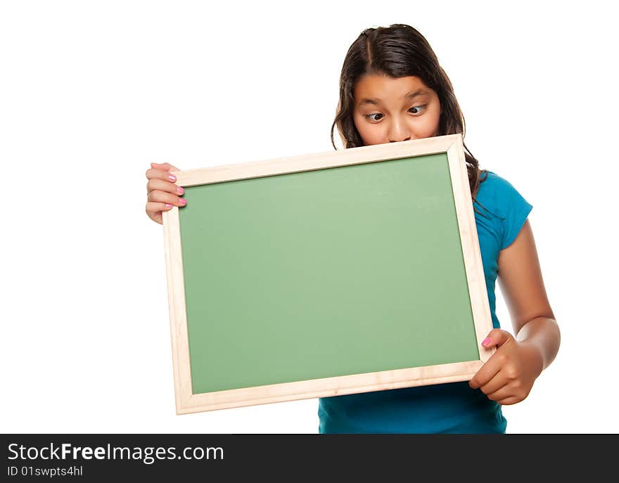 Pretty Hispanic Girl Holding Blank Chalkboard