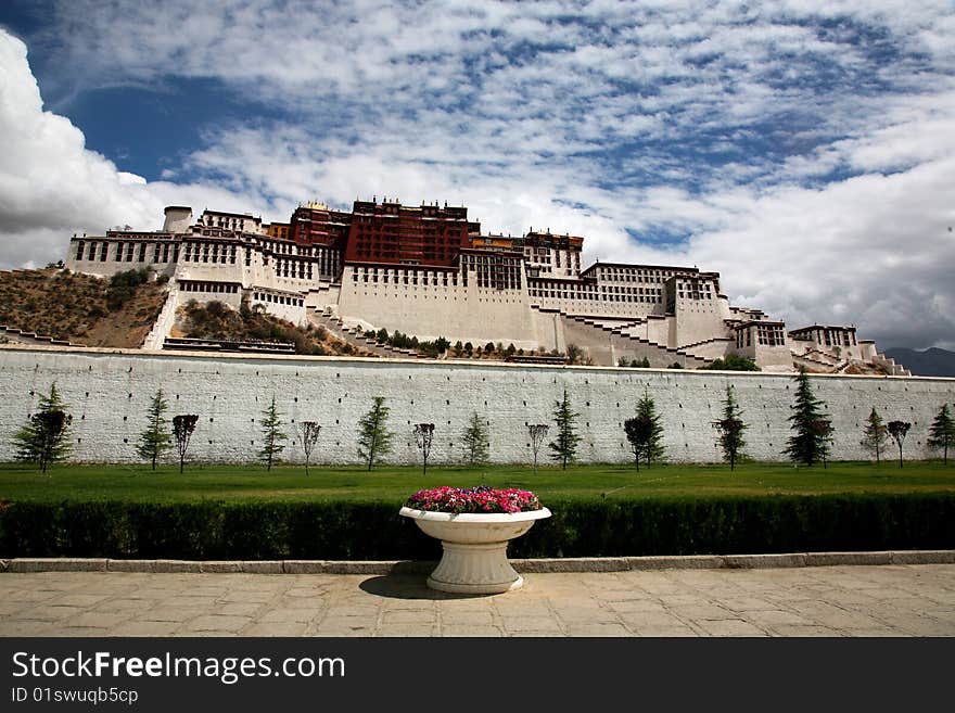 Bright, sunny day with blue sky at the Potala Palace building in Lhasa.