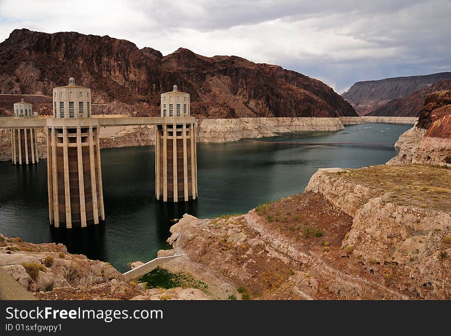 View of Hoover Dam intake tower in Lake Mead. View of Hoover Dam intake tower in Lake Mead.