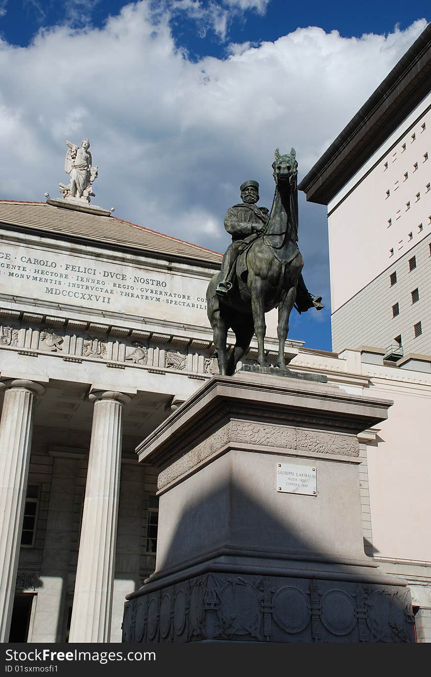 Genoa: Carlo Felice theater and Garibaldi equestrian statue. Genoa: Carlo Felice theater and Garibaldi equestrian statue