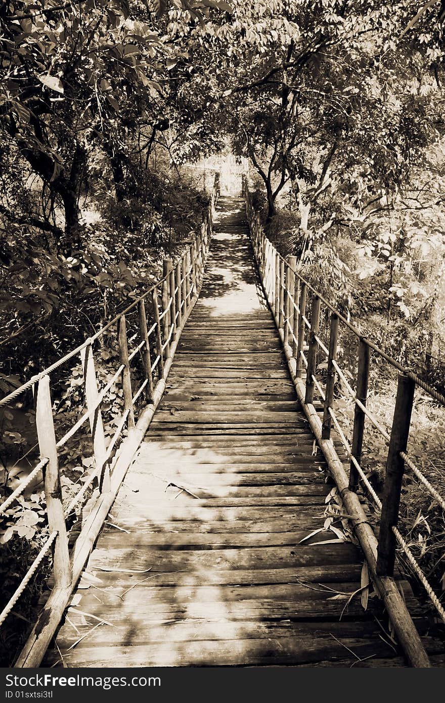 A hanging bridge made of bamboo