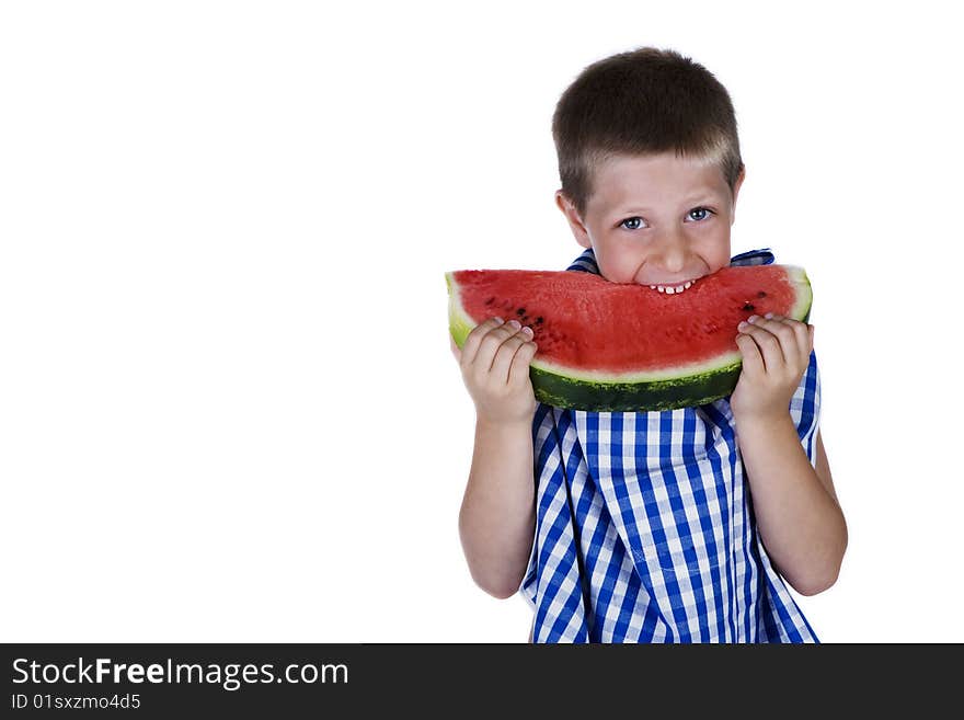 Portrait isolated on white of cute happy child holding and biting a big watermelon slice. Portrait isolated on white of cute happy child holding and biting a big watermelon slice