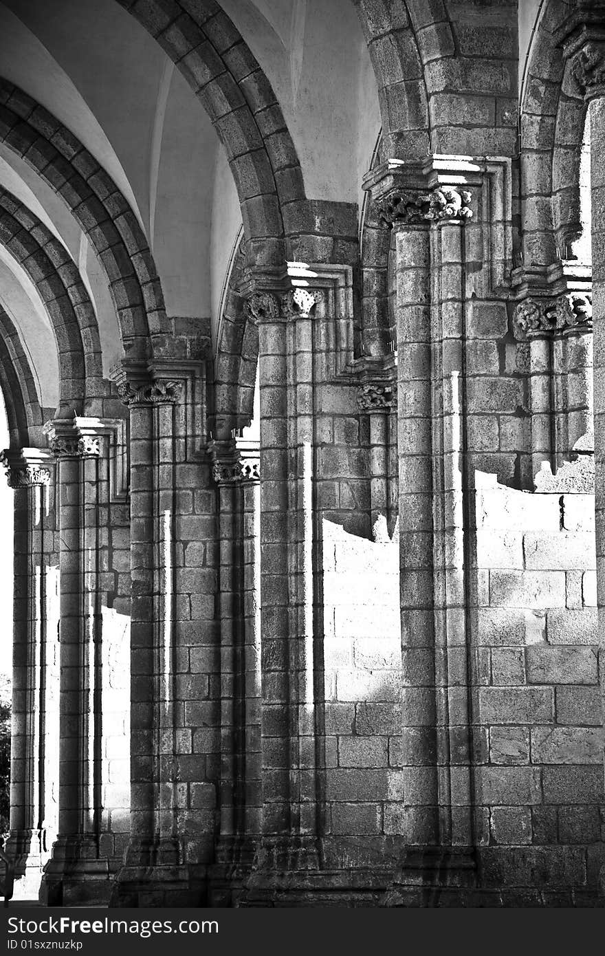 Old church columns detail in a powerful black and white