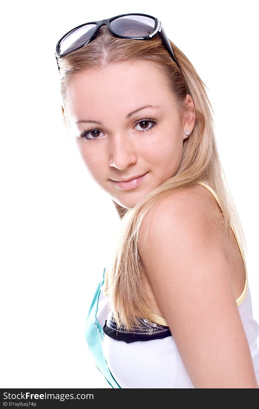 Beautiful women in a colored shirt on a white background