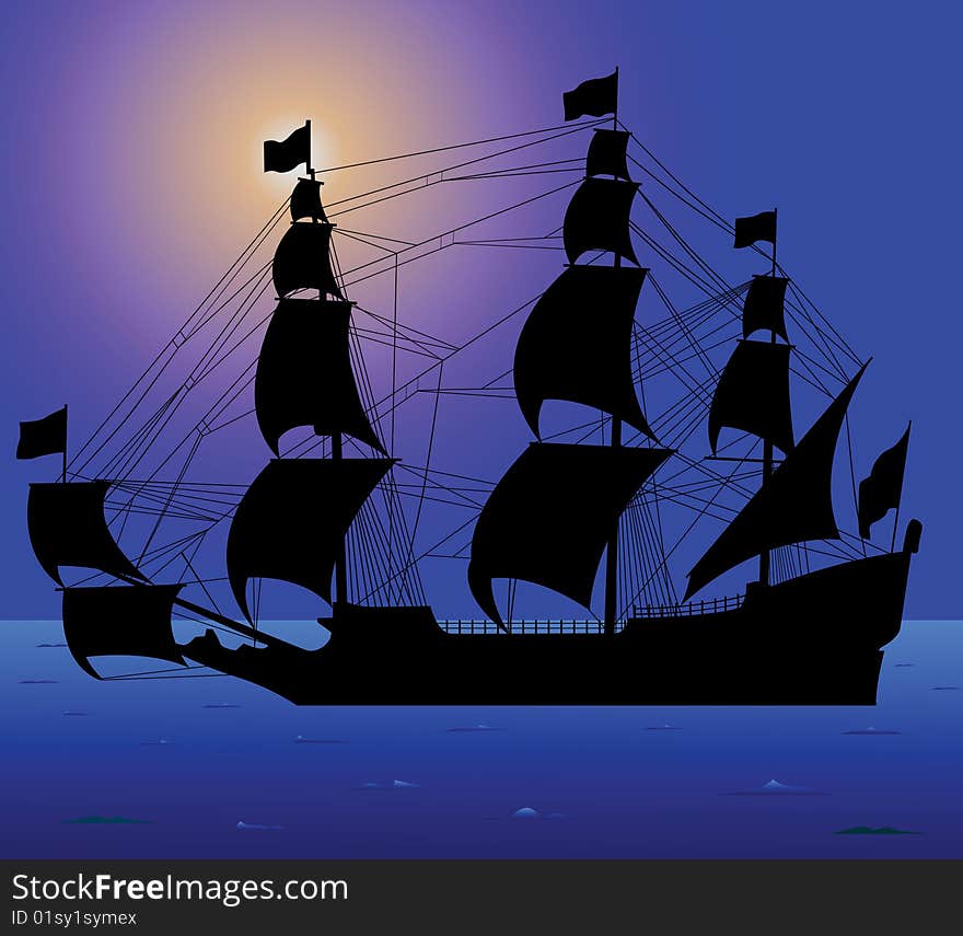 Sailing ship in the night sea. Sailing ship in the night sea