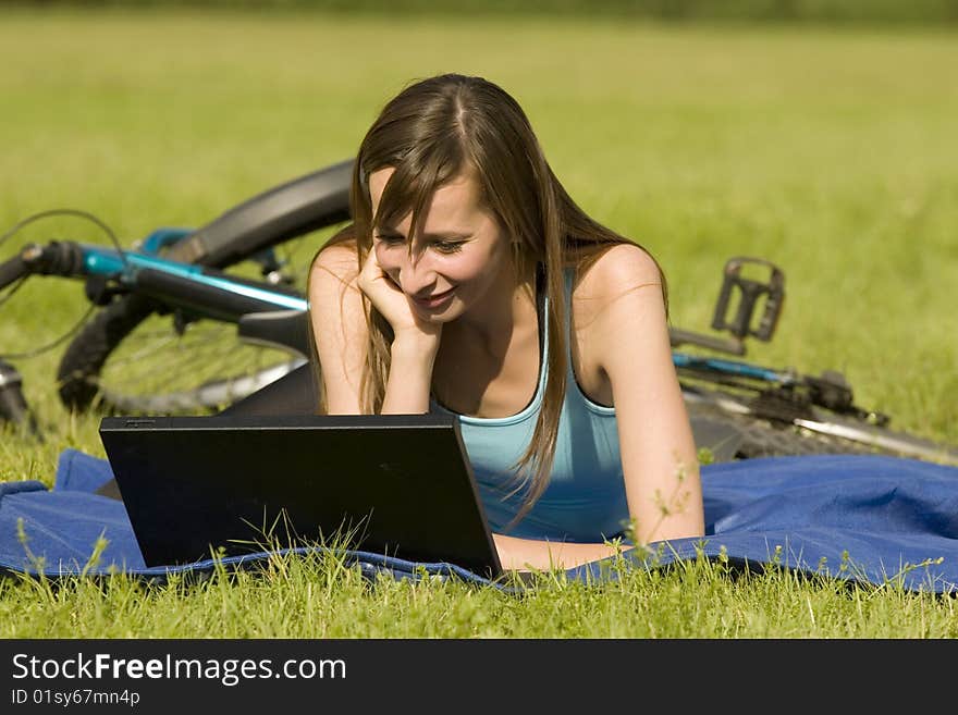 Woman With Laptop Outdoor