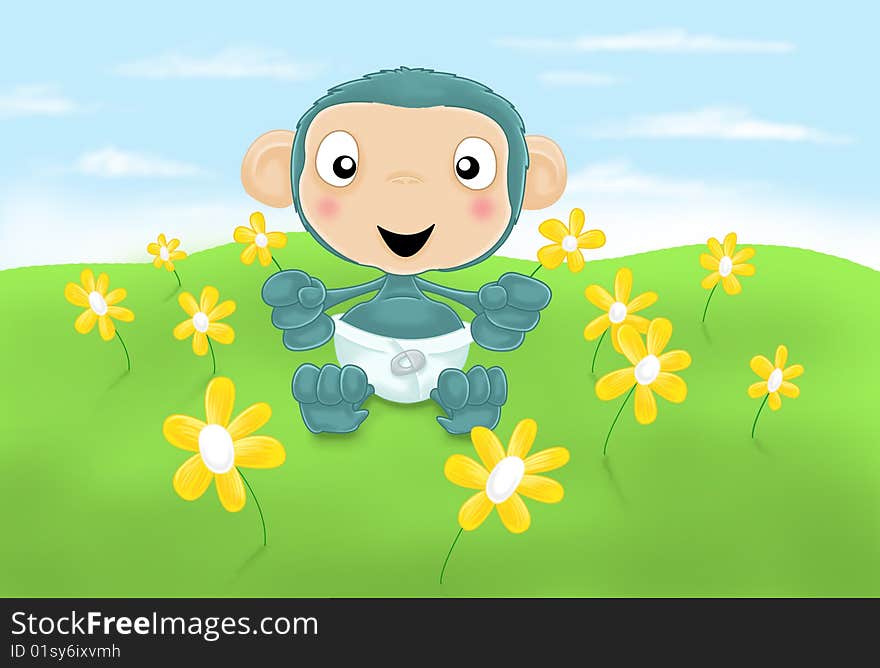 A cute baby chimp holding some flowers. A cute baby chimp holding some flowers