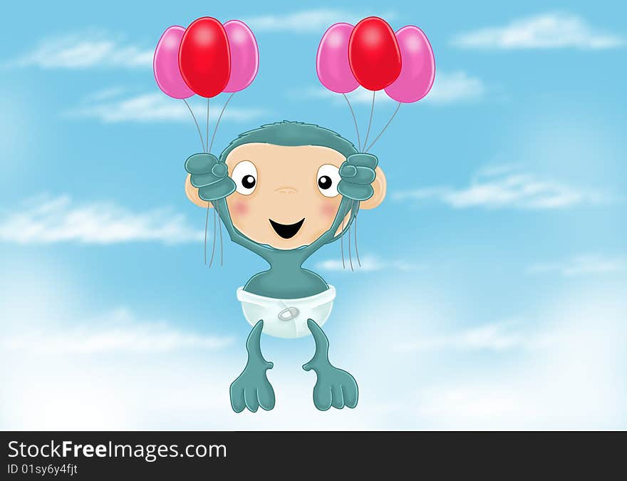 Baby chimp with balloons