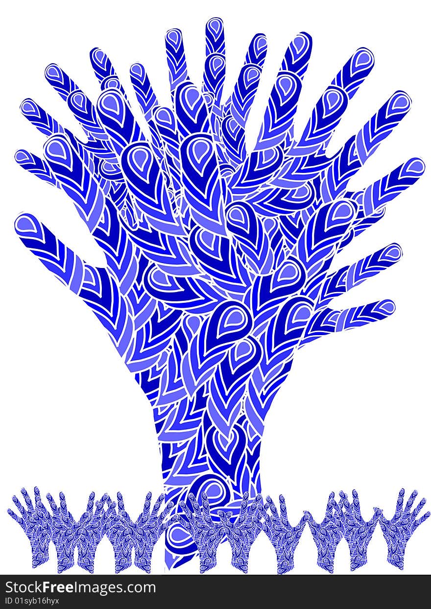 Tree from abstract blue hands with the same grass. Tree from abstract blue hands with the same grass