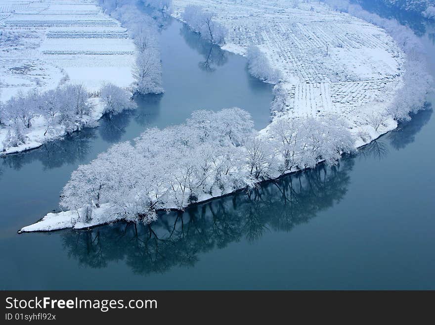 Snow cover all over the land. Snow cover all over the land