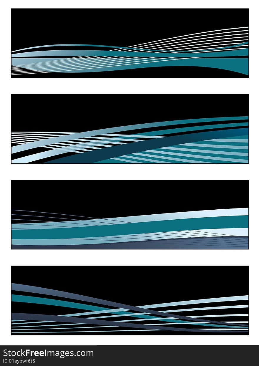 Set of black banners with blue gradient waves and copy space