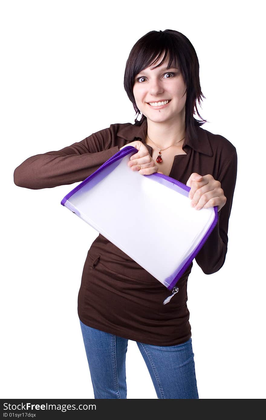 The young beautiful businesswoman at office behind work on a white background. The young beautiful businesswoman at office behind work on a white background