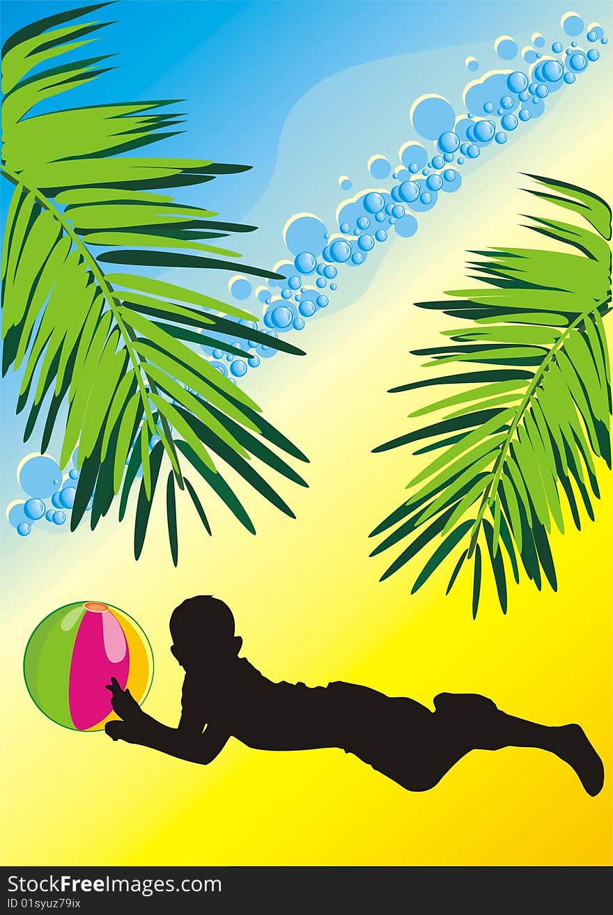 Silhouette of boy with a ball among the palms