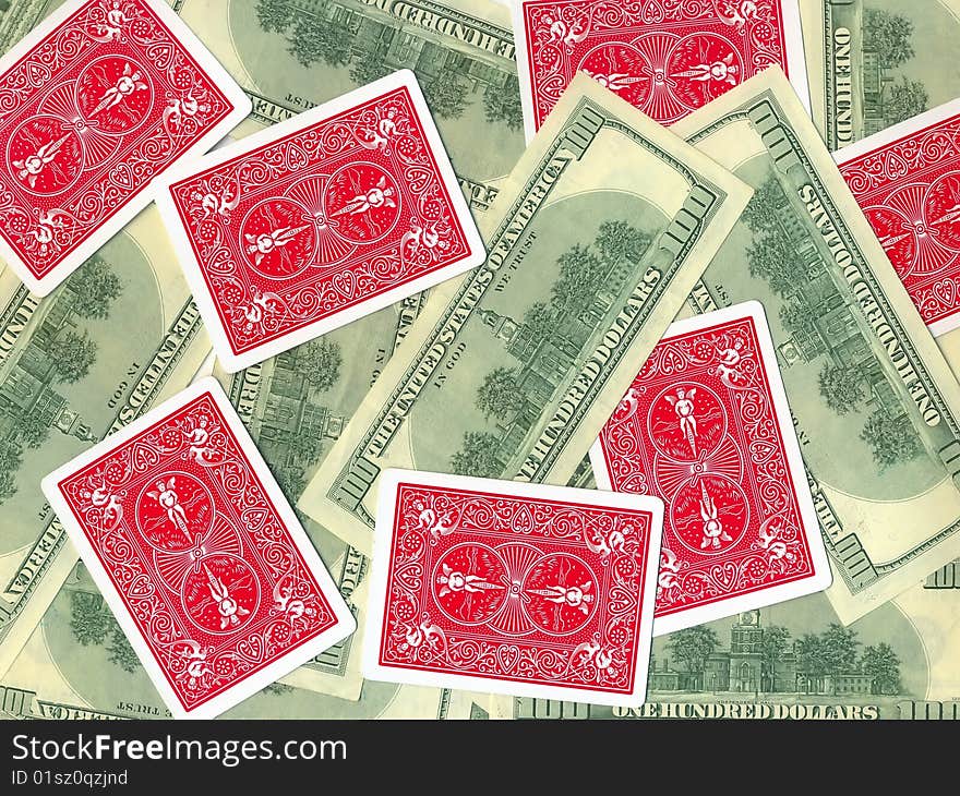 Background of money and playing cards isolated over white. Background of money and playing cards isolated over white