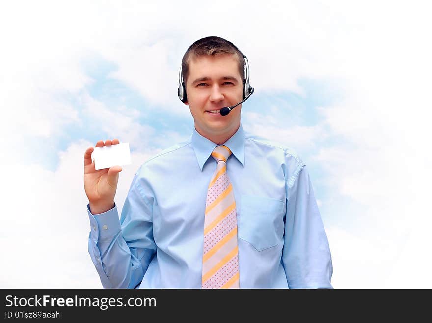 Happiness businessmen with card on blue sky background