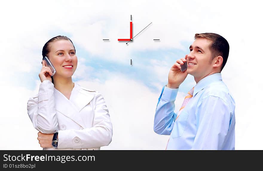 Happiness businessmens calling by phone on blue sky background