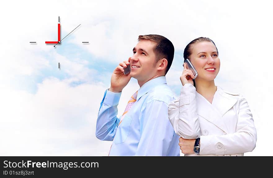 Happiness businessmens call by phone on sky background. Happiness businessmens call by phone on sky background