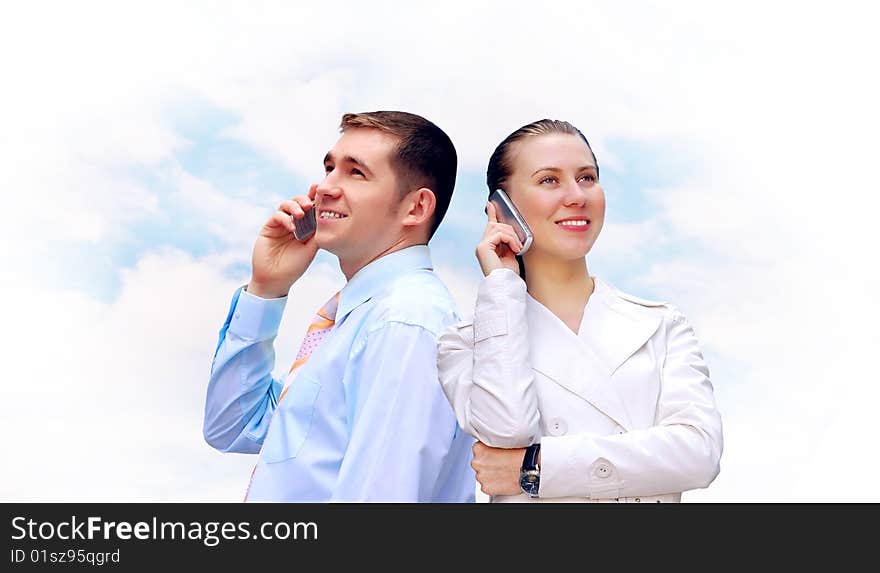 Happiness businessmens calling by phone on blue sky background