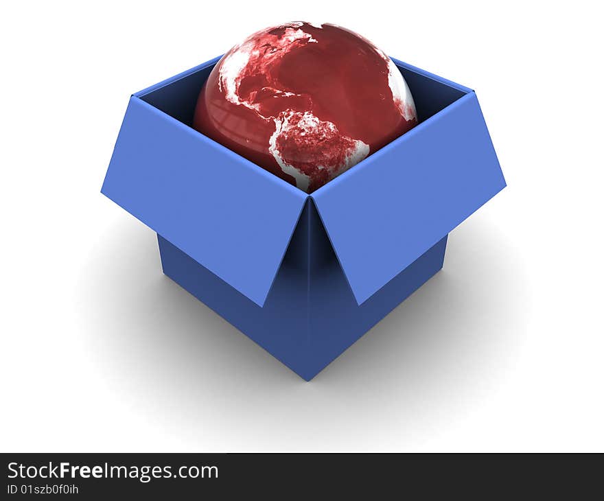 3d illustration of blue carton box with earth globe inside. 3d illustration of blue carton box with earth globe inside