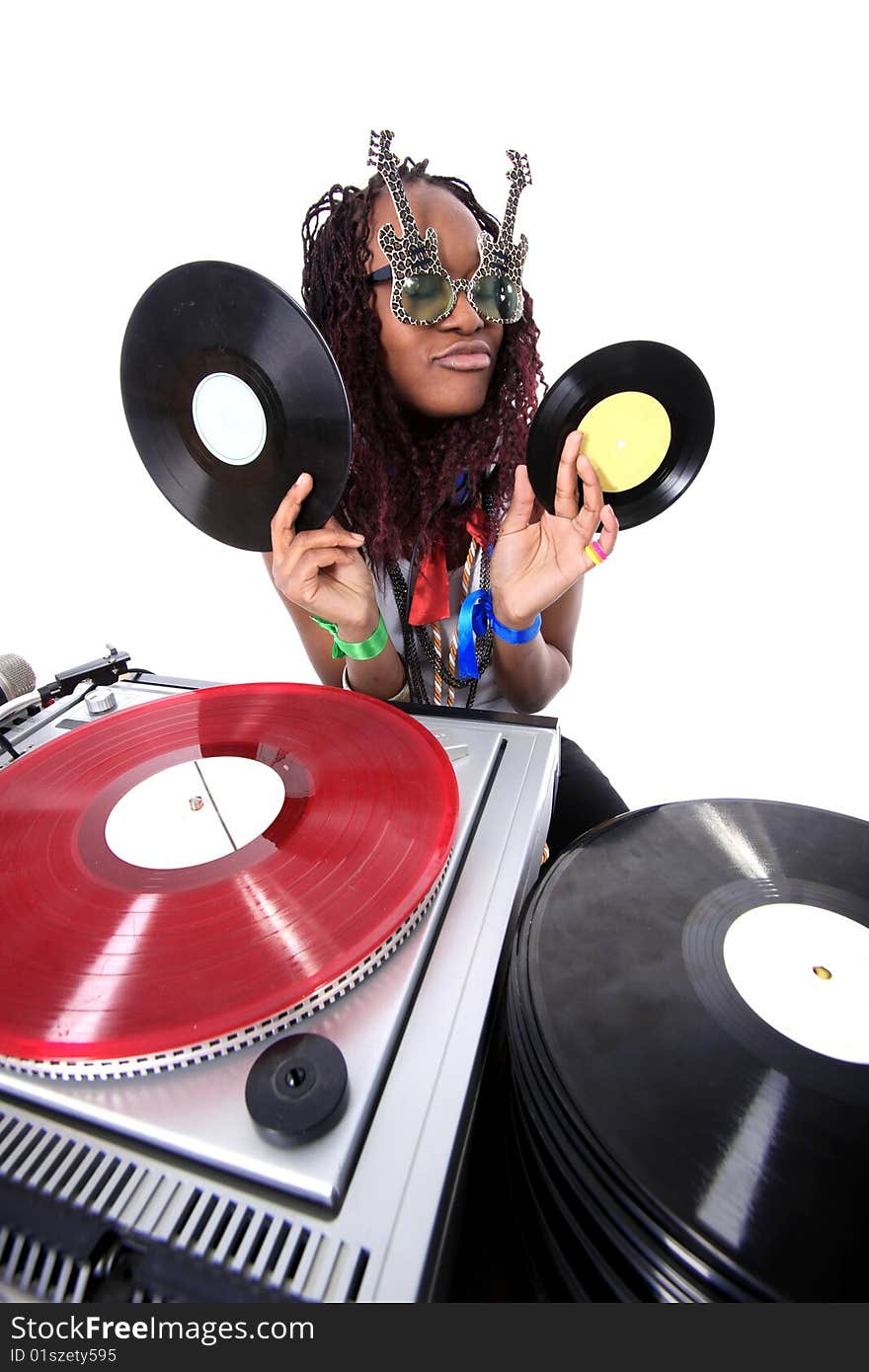 Cool afro american DJ in action isolated on white