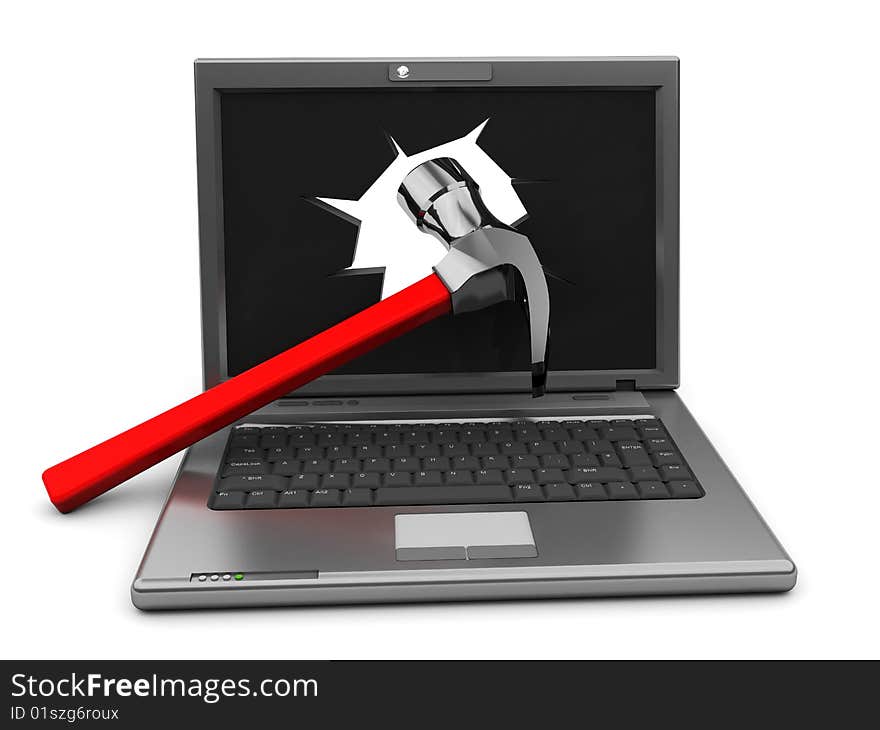 3d illustration of crashed laptop with hammer in screen