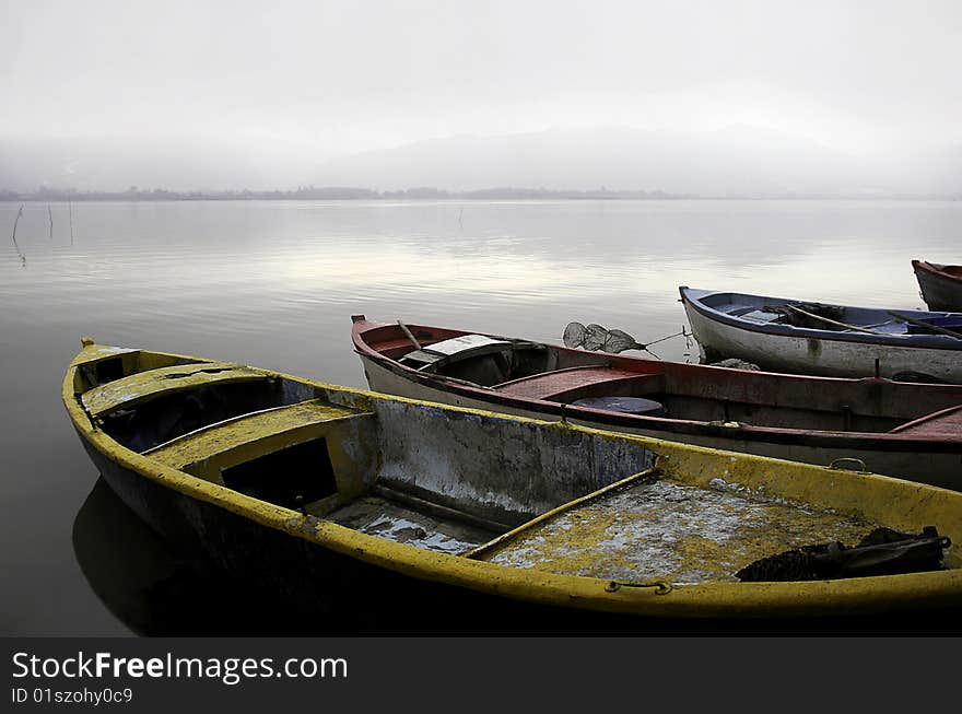 Old boats waiting at the coast of lake in early morning
Ulubat Lake, Golyazi, Bursa, Turkey