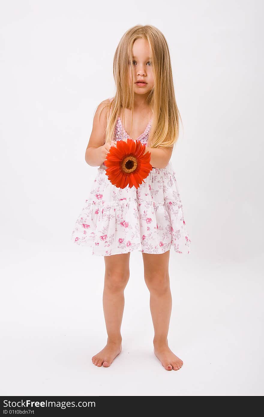 Beautiful little girl with long blonde hairand red flower