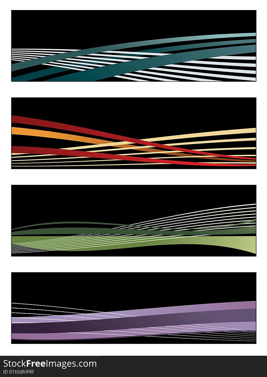 Set of black banners with blue, orange, green, purple gradient waves and copy space