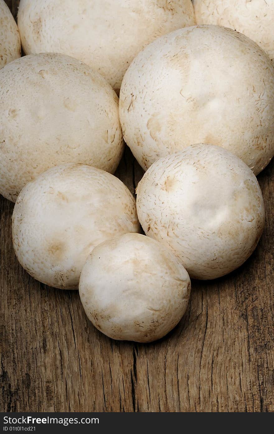 Close up with white mushrooms isolated on wood